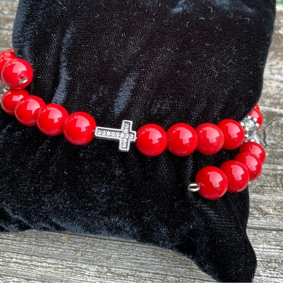 Hand Crafted Wrap Bracelet Bright Red Clear Crystals Black Pave Cross Coil - Picture 6 of 10
